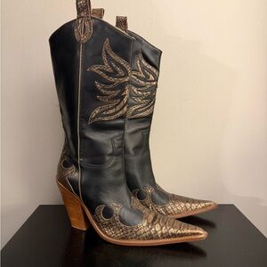 Para Raio Vintage Western Black and Gold Metallic Leather Cowboy boot Sz 9